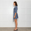 Maje Blue Black Animal Print Short Sleeve Mini Belted Dress