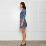 Maje Blue Black Animal Print Short Sleeve Mini Belted Dress