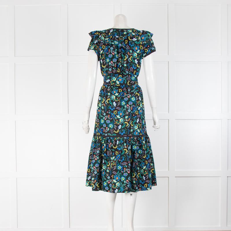 Cefinn Black Green Blue Floral Short Sleeve Belted Dress