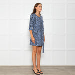 Maje Blue Black Animal Print Short Sleeve Mini Belted Dress
