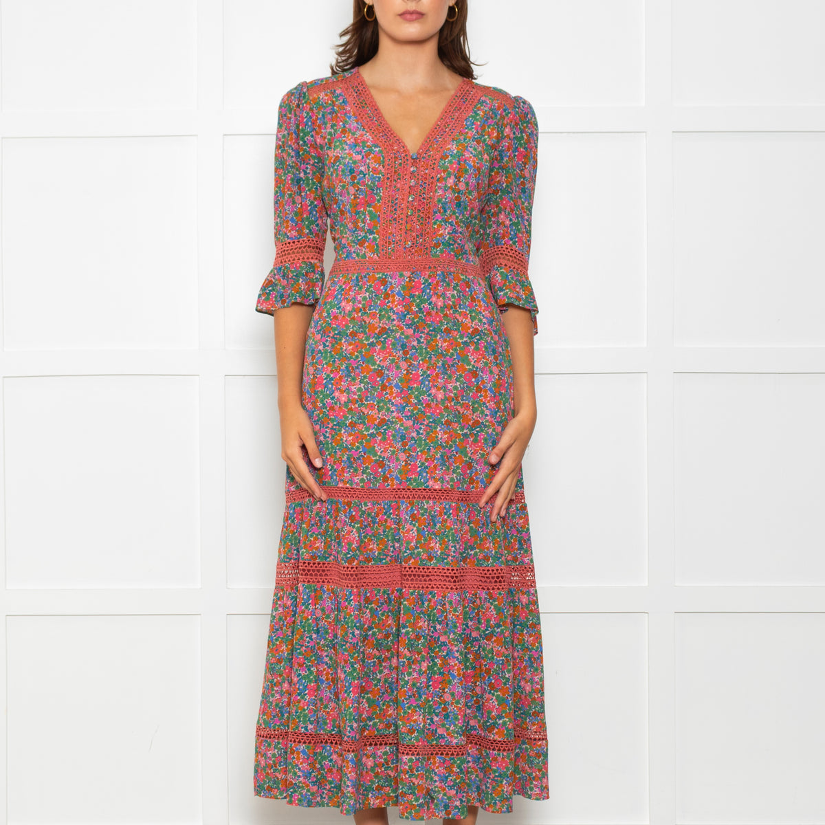 Wyse Pink Orange Green Floral Lace Trim Short Sleeve Dress