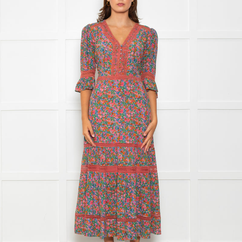 Wyse Pink Orange Green Floral Lace Trim Short Sleeve Dress
