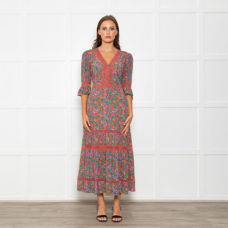 Wyse Pink Orange Green Floral Lace Trim Short Sleeve Dress