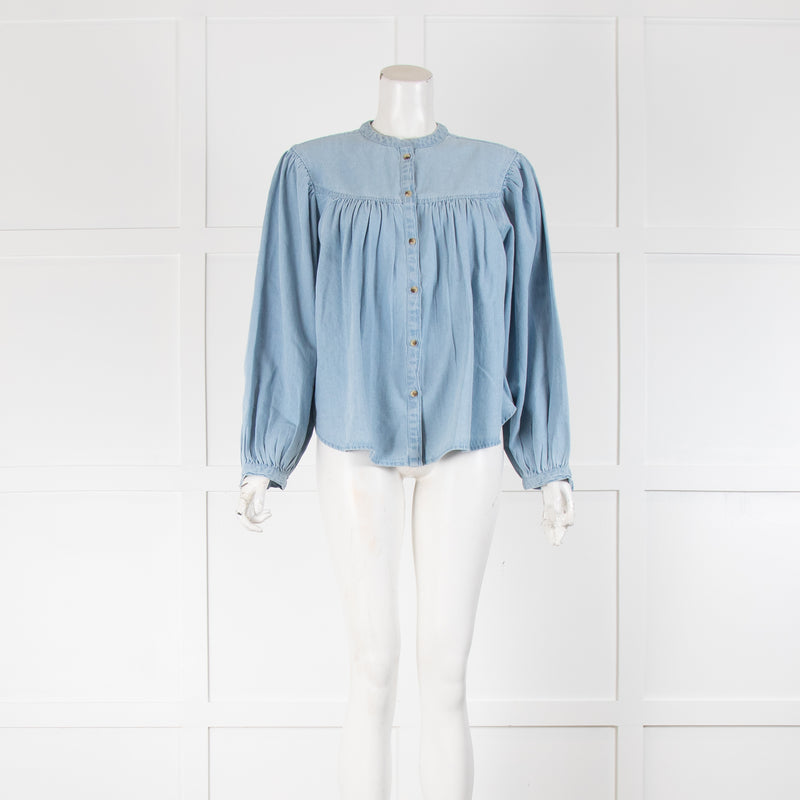 By Iris Light Blue Denim Ruched Yoke Volume Sleeve Blouse