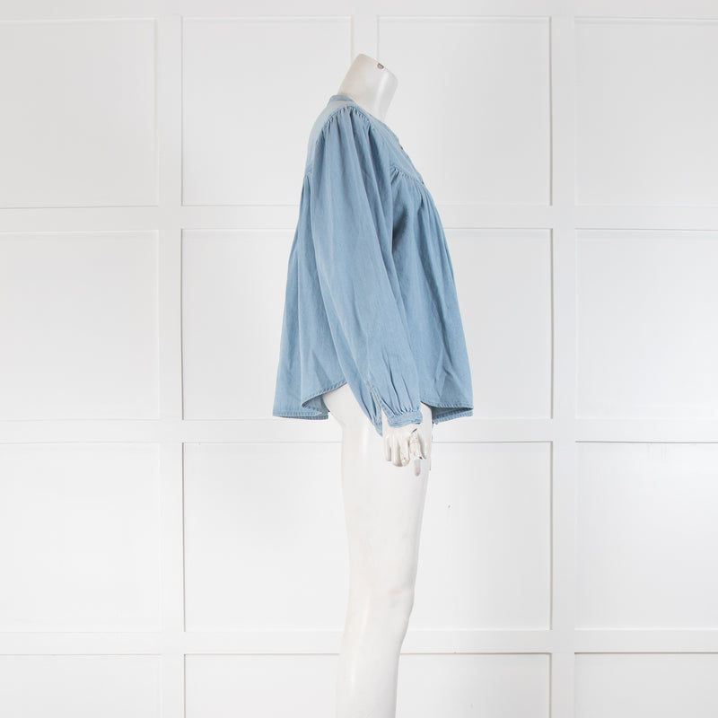 By Iris Light Blue Denim Ruched Yoke Volume Sleeve Blouse