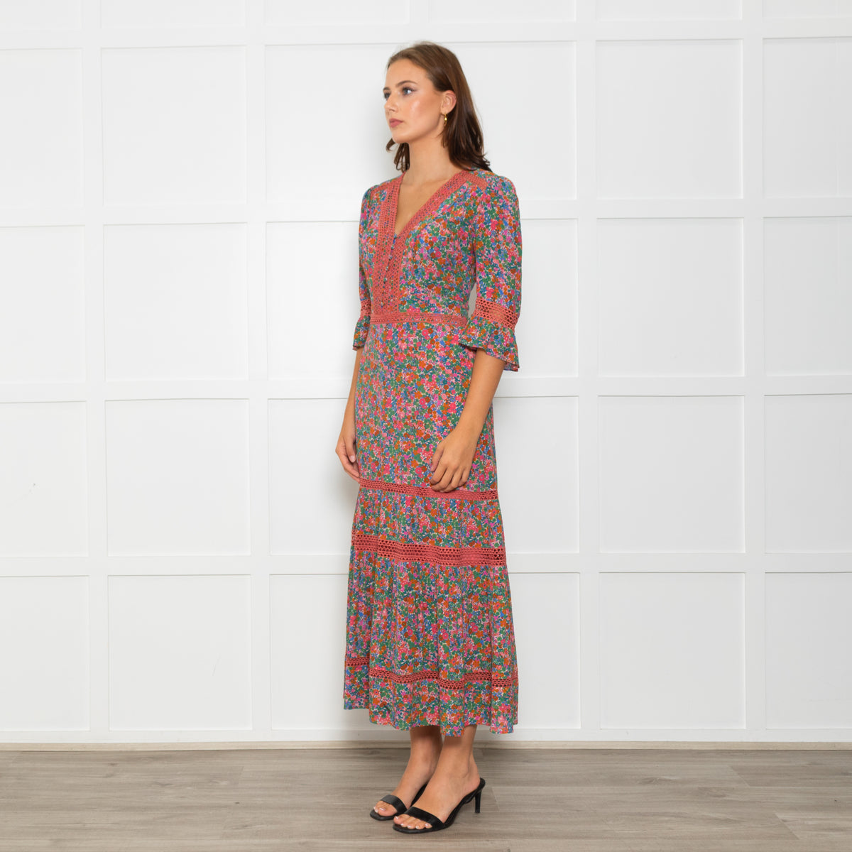 Wyse Pink Orange Green Floral Lace Trim Short Sleeve Dress