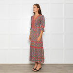 Wyse Pink Orange Green Floral Lace Trim Short Sleeve Dress