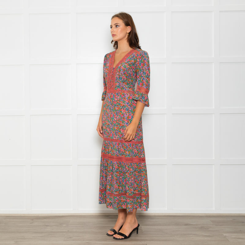 Wyse Pink Orange Green Floral Lace Trim Short Sleeve Dress