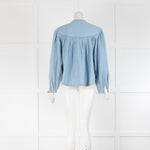 By Iris Light Blue Denim Ruched Yoke Volume Sleeve Blouse