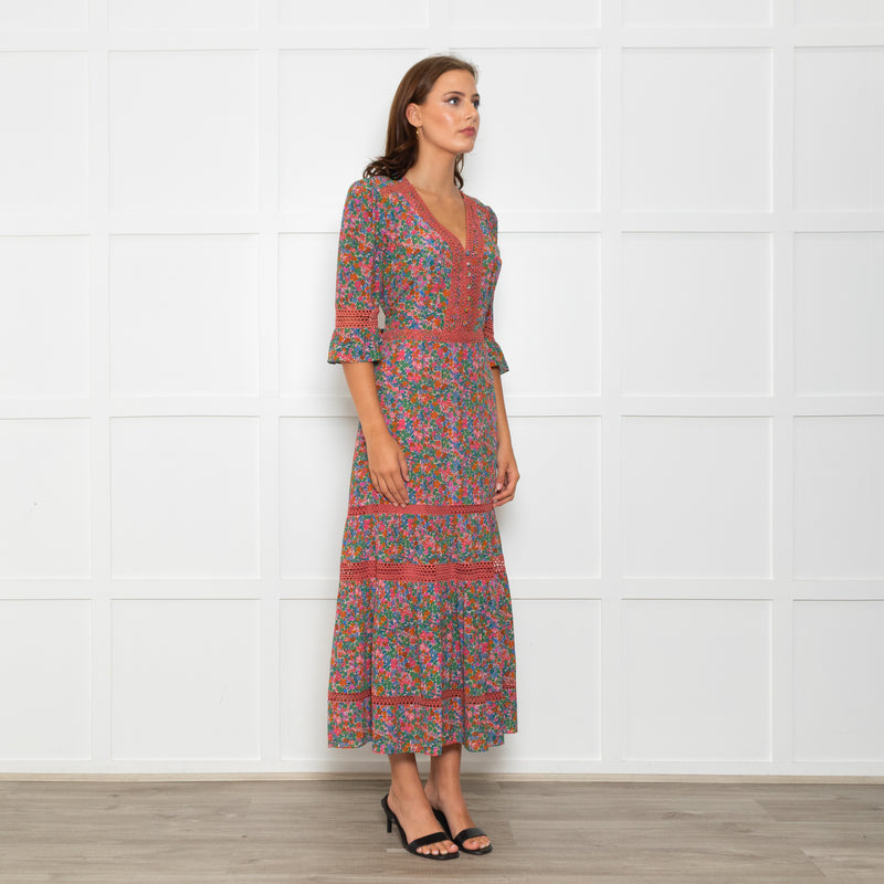 Wyse Pink Orange Green Floral Lace Trim Short Sleeve Dress