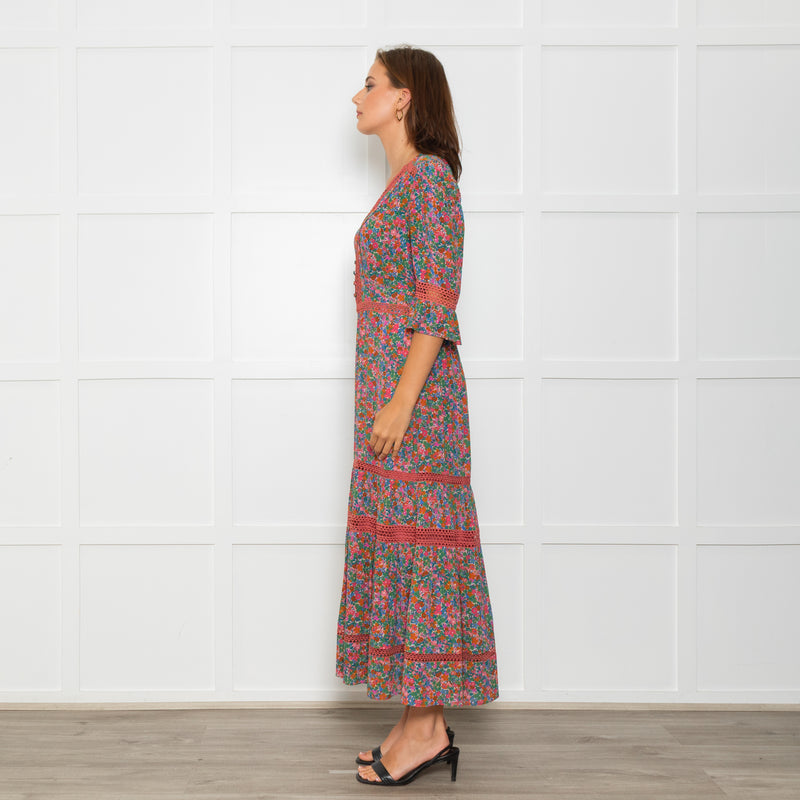 Wyse Pink Orange Green Floral Lace Trim Short Sleeve Dress