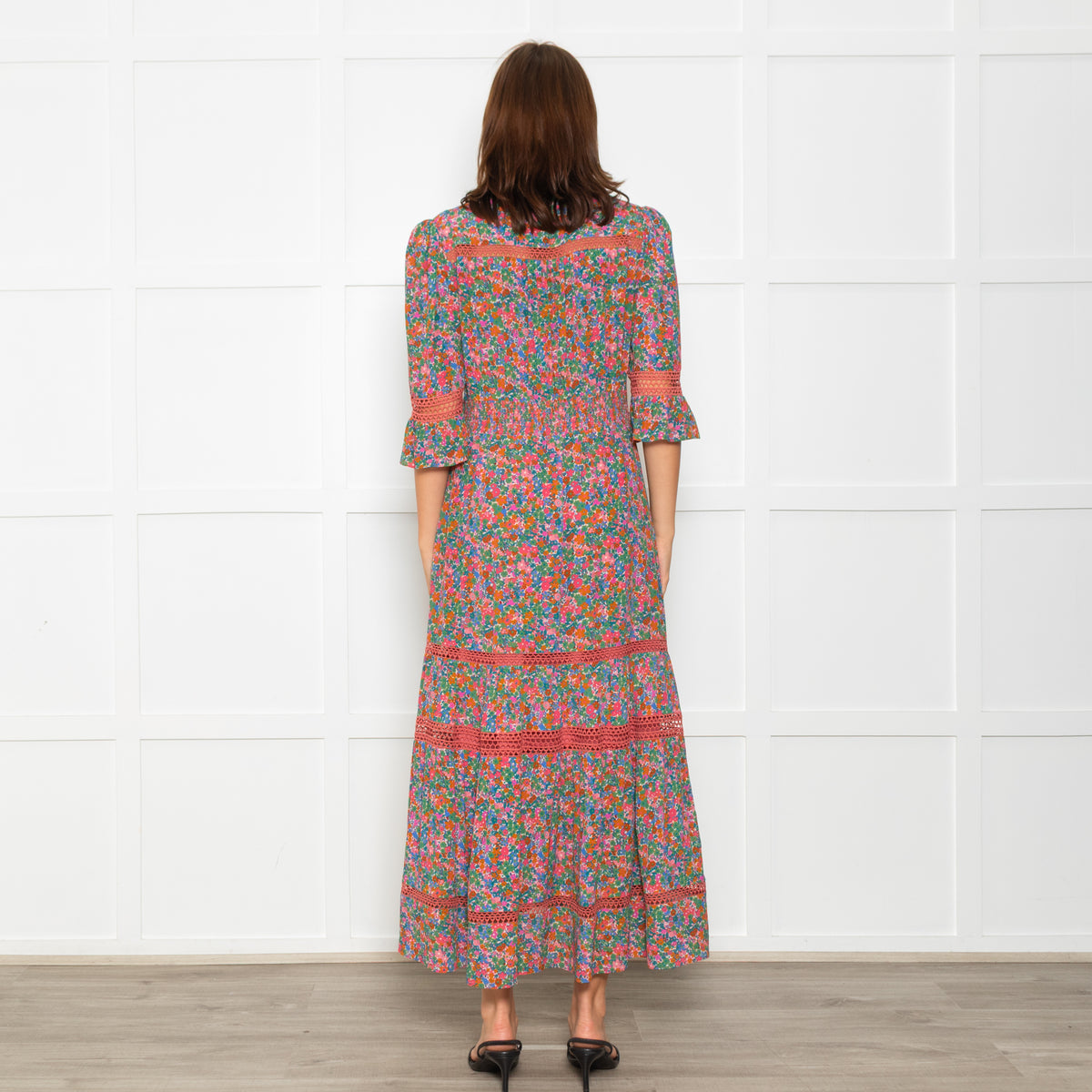 Wyse Pink Orange Green Floral Lace Trim Short Sleeve Dress