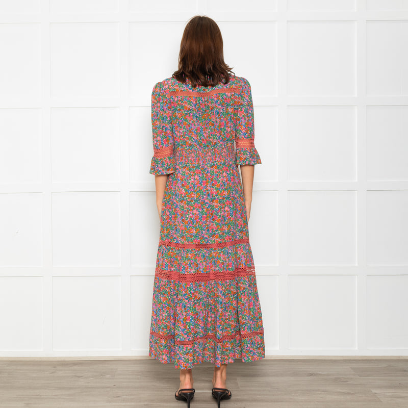 Wyse Pink Orange Green Floral Lace Trim Short Sleeve Dress