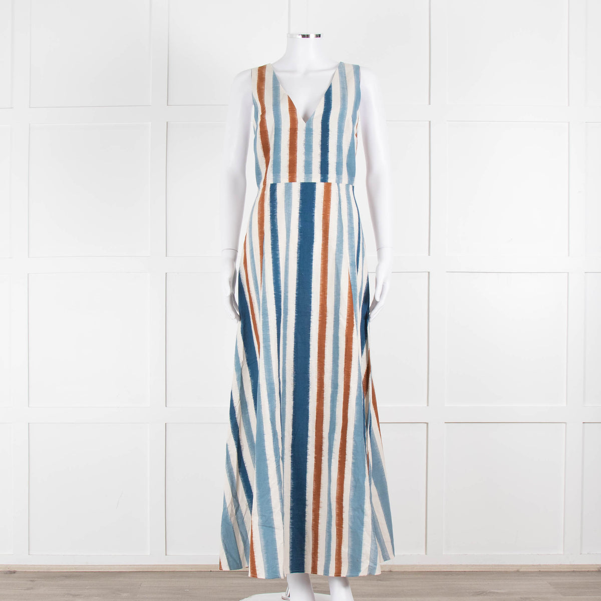 Emporio Sirenuse  Cream Brown Blue Stripes Sleeveless Long Dress