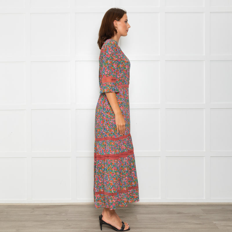 Wyse Pink Orange Green Floral Lace Trim Short Sleeve Dress