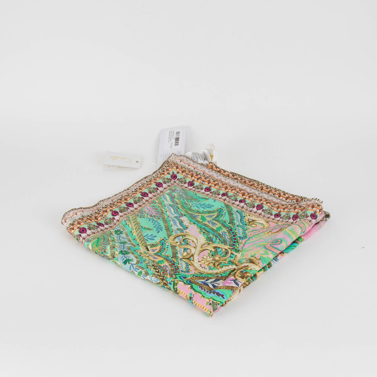 Camilla Pale Pink Green Print Diamante Square Silk Scarf