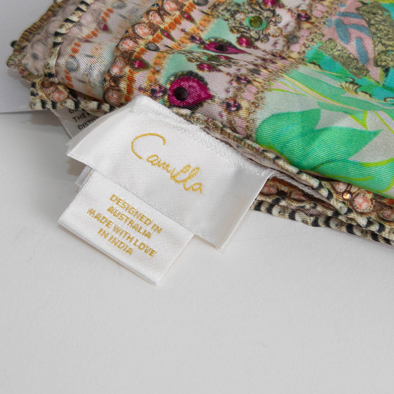 Camilla Pale Pink Green Print Diamante Square Silk Scarf