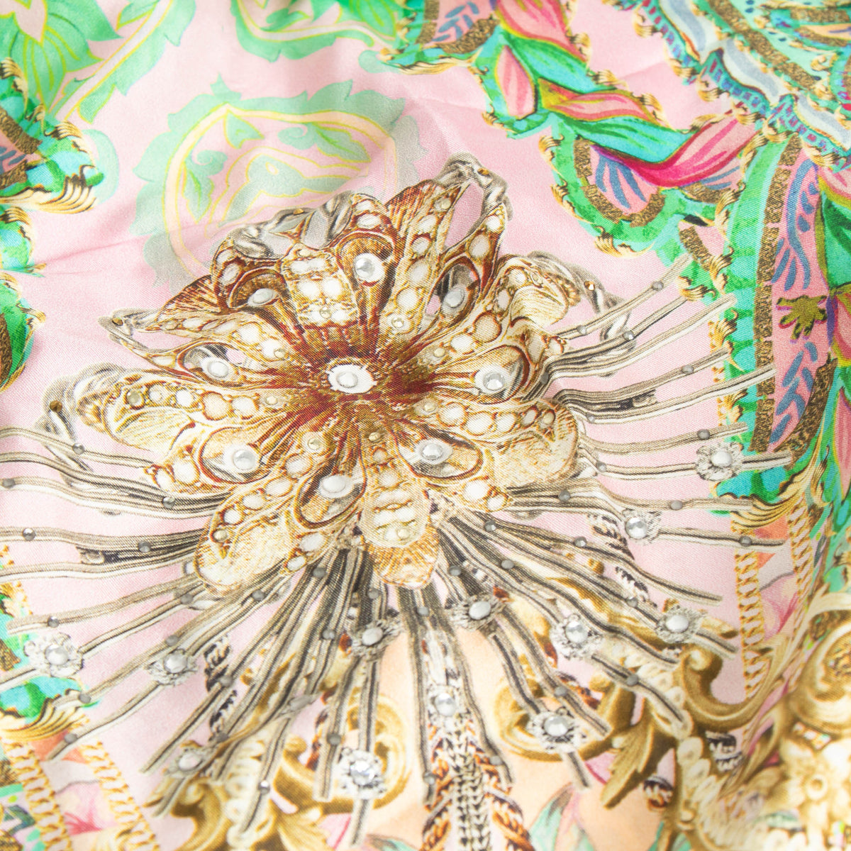 Camilla Pale Pink Green Print Diamante Square Silk Scarf