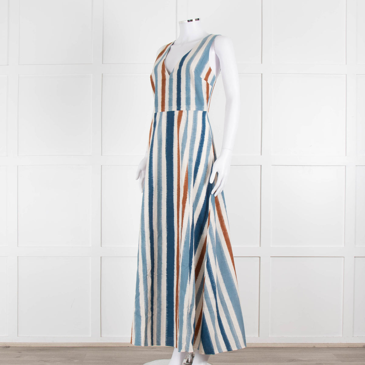 Emporio Sirenuse  Cream Brown Blue Stripes Sleeveless Long Dress