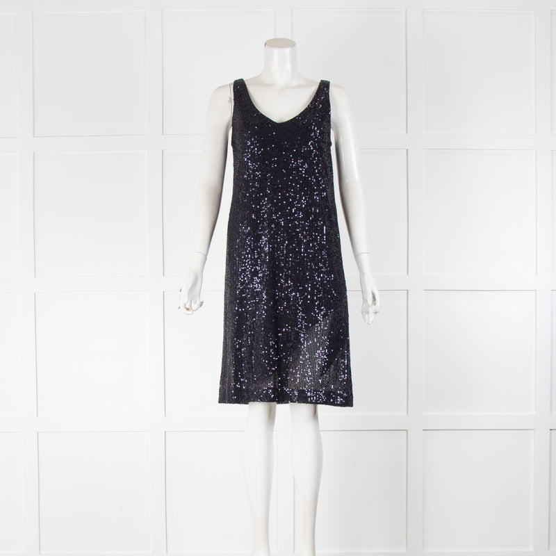 Amina Rubinacci Navy Sequin V Front Sleeveless Dress