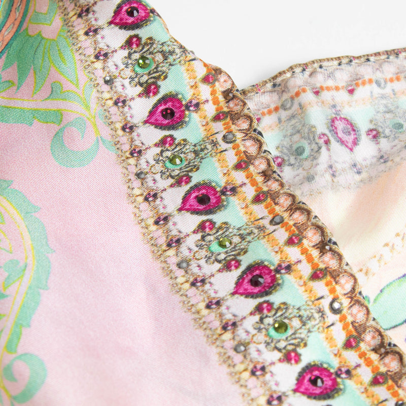 Camilla Pale Pink Green Print Diamante Square Silk Scarf