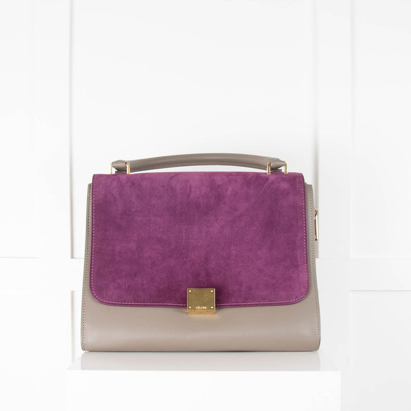 Celine Beige and Grey Trapeze Bag with Purple Suede Flap