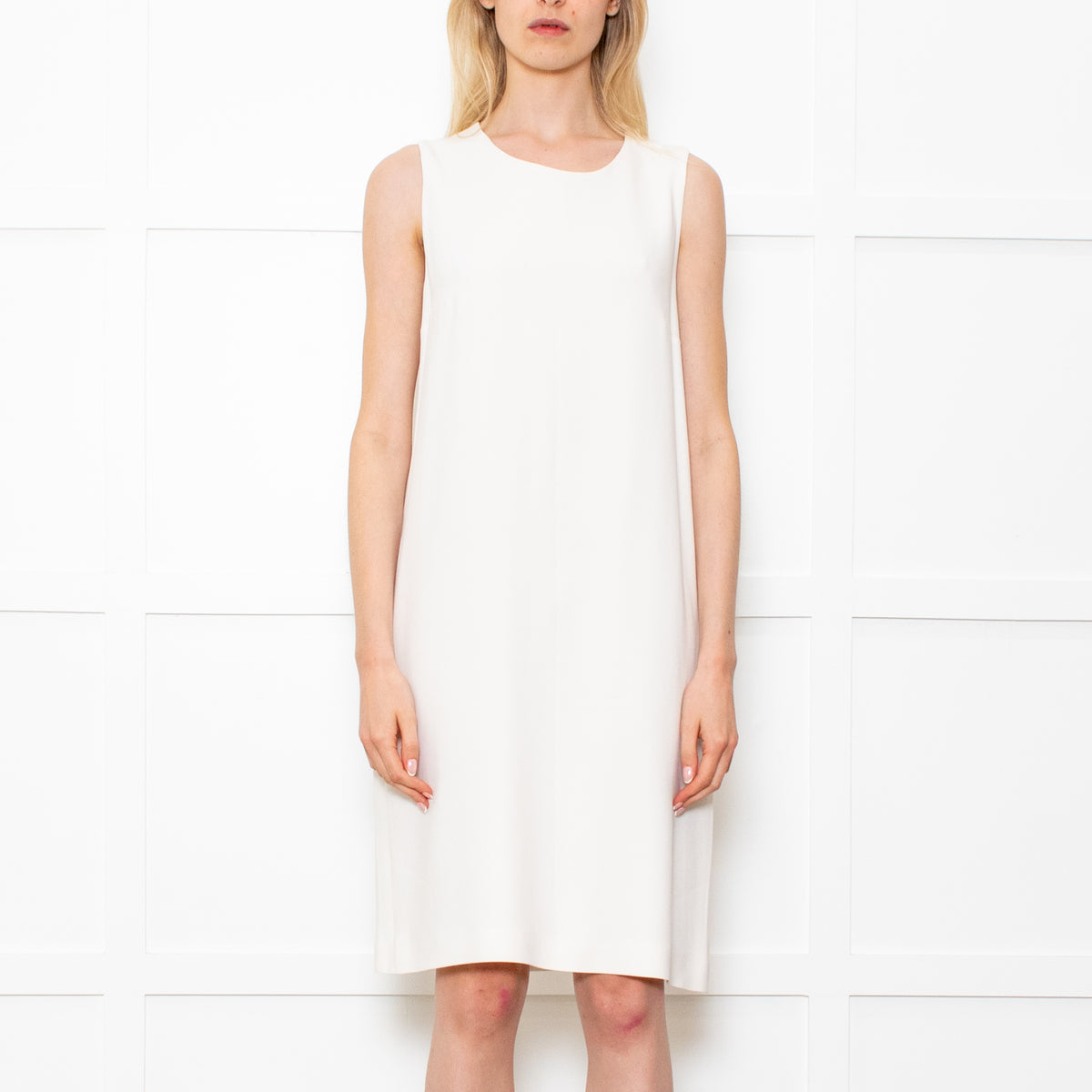 S Max Mara Cream Sleeveless Crepe Shift Midi Dress