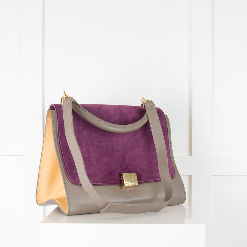 Celine Beige and Grey Trapeze Bag with Purple Suede Flap