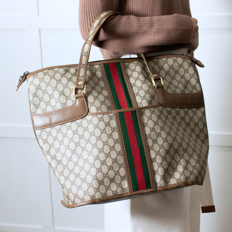 Gucci Beige Monogram Canvas Vintage Large Boston Travel Bag