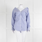 Theory Blue and White Stripe Off Shoulder Collared Shirt