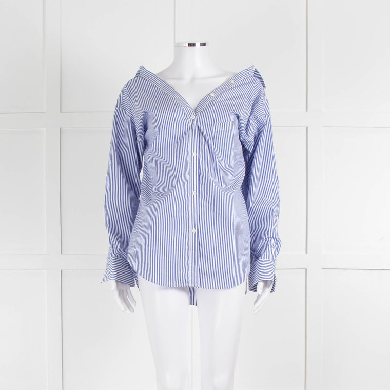 Theory Blue and White Stripe Off Shoulder Collared Shirt