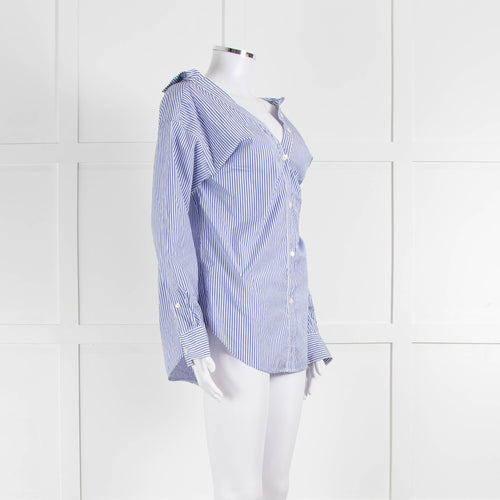 Theory Blue and White Stripe Off Shoulder Collared Shirt