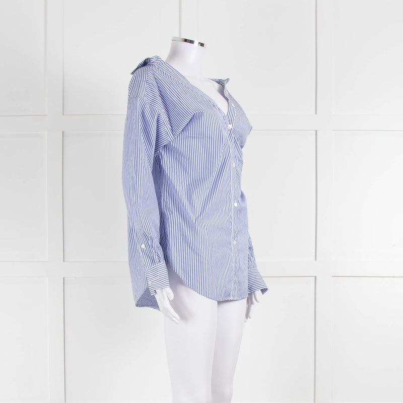 Theory Blue and White Stripe Off Shoulder Collared Shirt