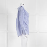 Theory Blue and White Stripe Off Shoulder Collared Shirt