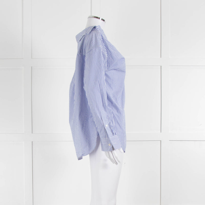 Theory Blue and White Stripe Off Shoulder Collared Shirt