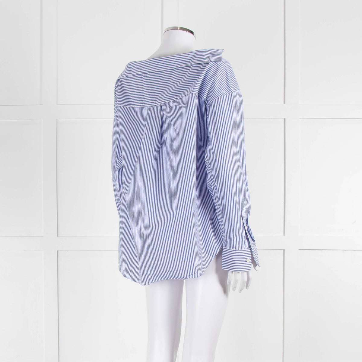 Theory Blue and White Stripe Off Shoulder Collared Shirt
