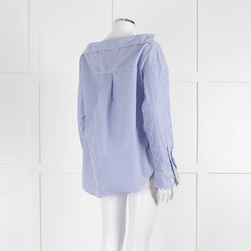 Theory Blue and White Stripe Off Shoulder Collared Shirt