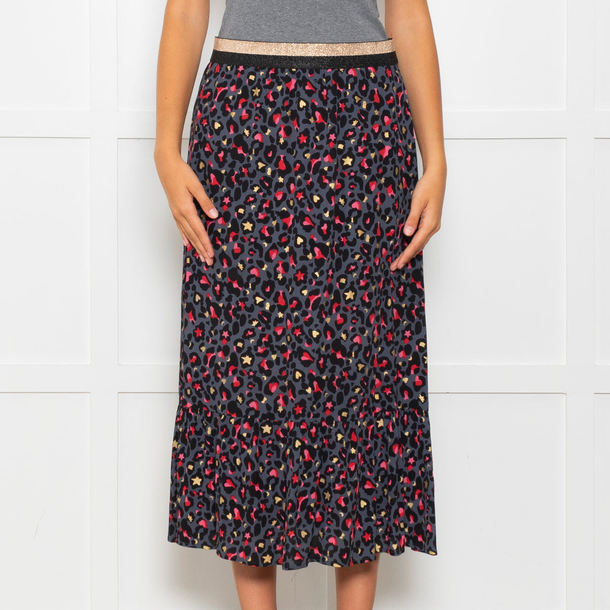 Wyse Grey Black Pink Animal Print Elasticated Waist Skirt