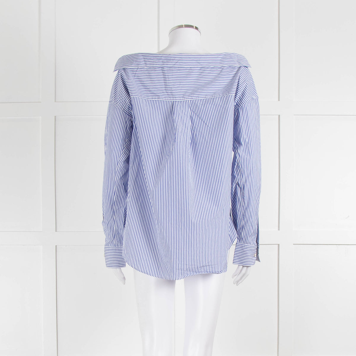 Theory Blue and White Stripe Off Shoulder Collared Shirt
