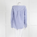 Theory Blue and White Stripe Off Shoulder Collared Shirt
