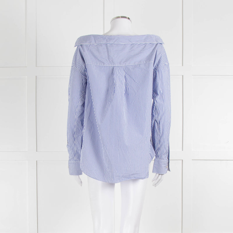 Theory Blue and White Stripe Off Shoulder Collared Shirt