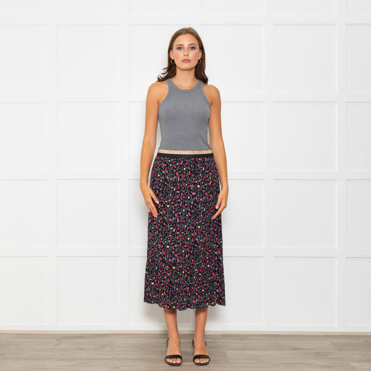 Wyse Grey Black Pink Animal Print Elasticated Waist Skirt