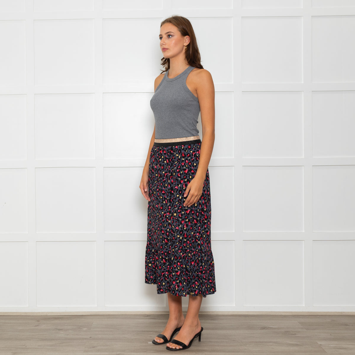 Wyse Grey Black Pink Animal Print Elasticated Waist Skirt