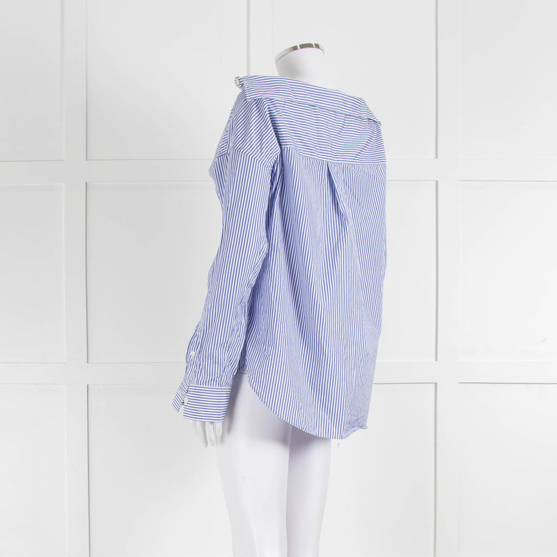 Theory Blue and White Stripe Off Shoulder Collared Shirt