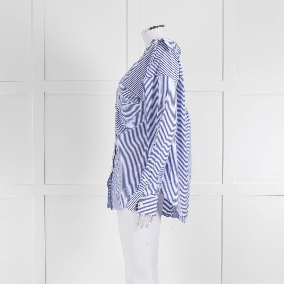 Theory Blue and White Stripe Off Shoulder Collared Shirt
