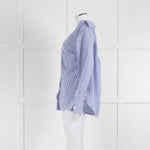 Theory Blue and White Stripe Off Shoulder Collared Shirt