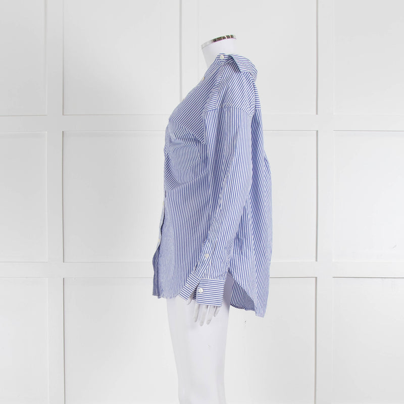 Theory Blue and White Stripe Off Shoulder Collared Shirt