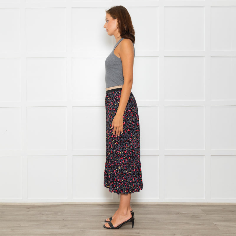 Wyse Grey Black Pink Animal Print Elasticated Waist Skirt