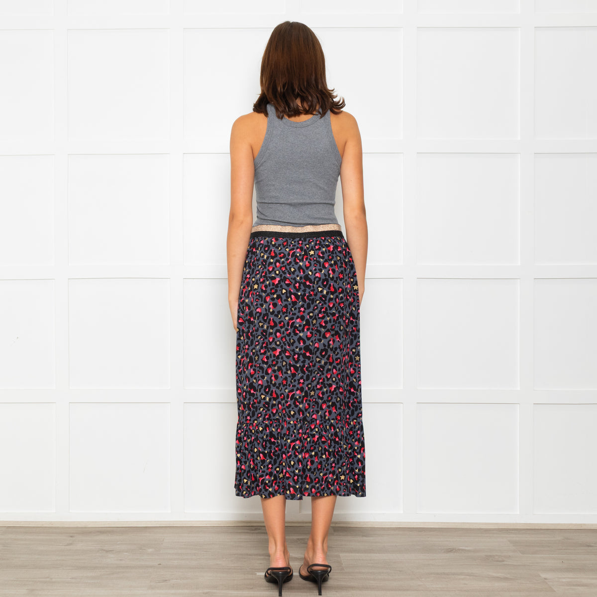 Wyse Grey Black Pink Animal Print Elasticated Waist Skirt