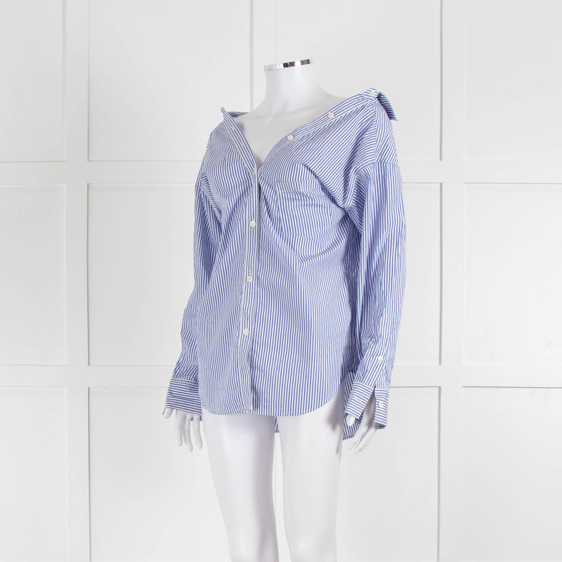 Theory Blue and White Stripe Off Shoulder Collared Shirt
